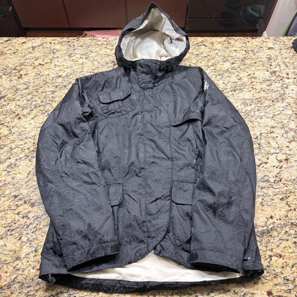 Spyder Women Black Tonal Geometric Floral Hooded Ski Jacket Size Large